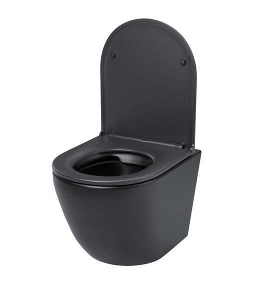 Унитаз подвесной IDDIS Blanco, горизонтальный (прямой, в стену) выпуск, безободковый, с быстросьемным сиденьем микролифт, с крышкой (сиденье) дюропласт, цвет: черный матовый