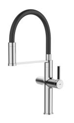 Смеситель для кухни/мойки IDDIS Ikon с каналом для фильтрованной воды, однорычажный, поворотный, керамический картридж, гибкий излив, длина излива 200 мм, латунь/силикон, цвет хром/черный