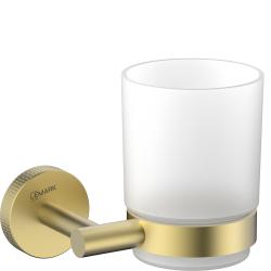 Стакан с держателем Lemark Beluga настенный, нержавеющая сталь/стекло матовое, округлый, для душа/ванны/зубных щеток, в ванную комнату, цвет брашированное светлое золото LMA-8035S-BRLG