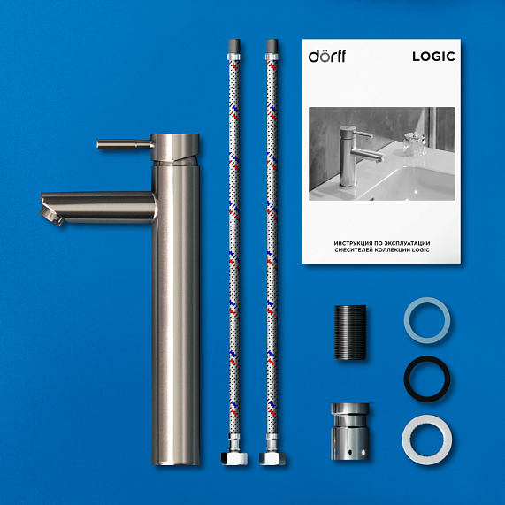 Смеситель для раковины Dorff Logic высокий, однорычажный, излив короткий, длина 112 мм, керамический, нержавеющая сталь, цвет никель