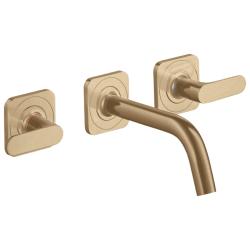 Смеситель для раковины Axor Citterio M, на 3 отверстия, двухвентильный, с рычаговыми рукоятками, скрытого монтажа, настенный, фиксированный излив, длина 16,6 см, керамический, латунь, цвет шлифованная бронза, незапираемый сливной набор