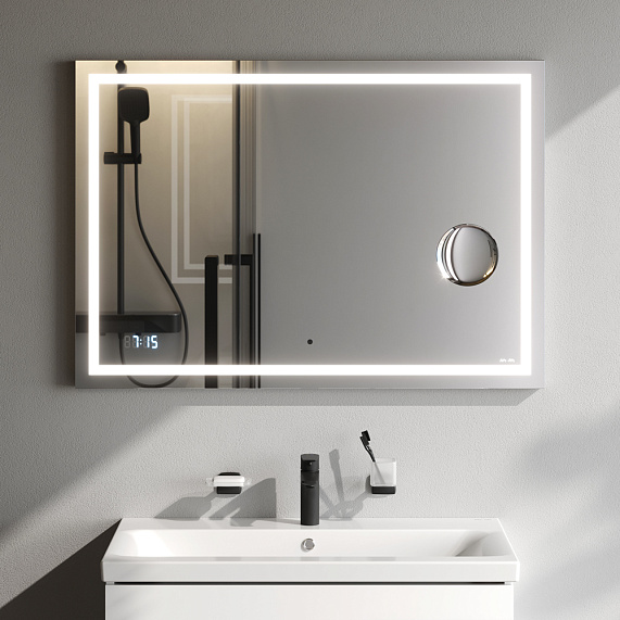 Зеркало Am.Pm Gem 1000х700х30 см с LED/ЛЕД-подсветкой, прямоугольное, с ИК- сенсором, выключатель сенсорный, с часами, с косметическим зеркалом