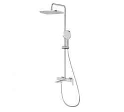Душевая система Raglo R30.24 со смесителем, высота 630-1280 мм цвет хром, комплект: однорычажный смеситель/излив/тропический душ прямоугольный (с верхней лейкой)/лейка/стойка/шланг, нержавеющая сталь/латунь