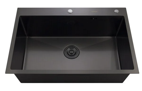 Мойка кухонная Hoffger 7550 врезная, Black (черная) 750х500х225 мм нержавеющая сталь, с PVD покрытием, с отверстием под смеситель, без крыла, слив-перелив