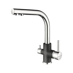 Смеситель для кухни/мойки Paulmark Essen, с подключением к фильтру/биканальный, однорычажный, поворотный излив, керамический картридж, высокий, длина излива 197 мм, латунь, цвет графит/хром