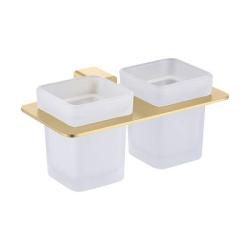 Стакан с держателем Raglo R301.08.03 двойной, с держателем, настенный, нержавеющая сталь/стекло, для зубных щеток в ванную/туалет/душевую кабину, цвет сатин золотой