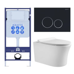 Комплект унитаза с инсталляцией Aquatek Ника (Сет) c сиденьем микролифт, с клавишей смыва (кнопкой, клавишей двойного смыва) черная матовая, клавиши круглые, комплект крепления