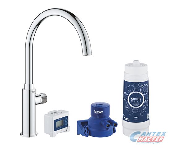 Смеситель для кухни/мойки Grohe Blue Pure Mono однорычажный, керамический, с поворотным изливом, длина 224 мм, с функцией фильтрации, латунь, цвет хром, кухонный, хромированный, вертикальный, однорукий, одноручный, однозахватный, одноручковые, кран