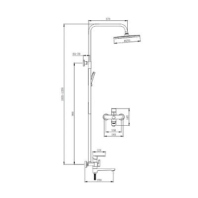 Душевая система Splenka S222.24.03 высота 1070-1370 мм цвет сатин золотой, комплект: однорычажный смеситель/излив/тропический душ круглый (с верхней лейкой)/лейка/стойка/шланг, нержавеющая сталь