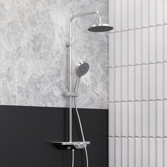 Душевая система Damixa Apollo, высота 1050-1450 мм, цвет хром, комплект: смеситель-полка/тропический душ круглый (с верхней лейкой)/стойка/лейка/шланг, латунь/пластик