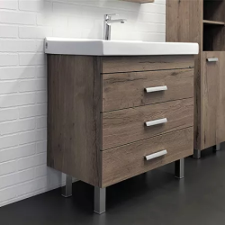 Тумба с раковиной Comforty Никосия 80Н, 80х86х40 см, напольная, 3 выдвижных ящика, ЛДСП, прямоугольная, цвет- дуб темный/раковина Fest 80, прямоугольная, цвет белый, встраиваемая