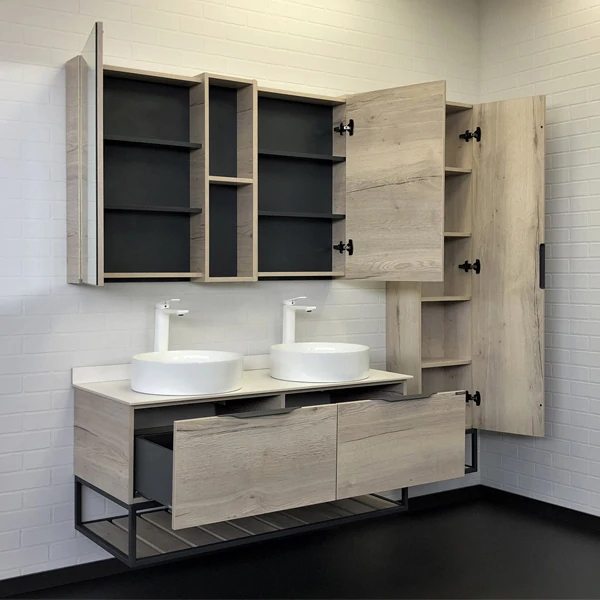 Тумба с двумя раковинами Comforty Порто-120-2, 120х64,5х52 см, подвесная, 2 выдвижных ящика/открытая полка, ЛДСП/сталь, прямоугольная, цвет- дуб дымчатый/белый/две раковины COMFORTY 9110, круглая, цвет белый, накладная