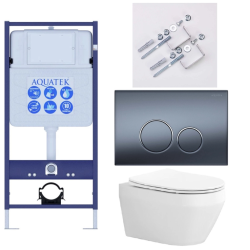 Комплект унитаза с инсталляцией Aquatek Лея Т (Сет) c сиденьем микролифт, с клавишей смыва (кнопкой, клавишей двойного смыва) оружейная сталь матовая, комплект крепления, смыв Торнадо