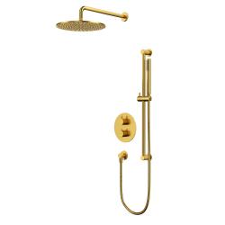 Душевая система встраиваемая Whitecross Y, цвет брашированное золото, комплект: термостатический смеситель/тропический душ (с верхней лейкой)/штанга/лейка/держатель лейки/шланг, латунь, скрытого монтажа