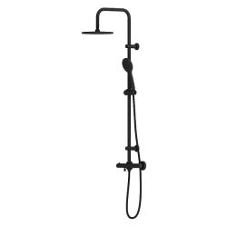 Душевая система Dorff Futura, высота 810-1130 мм, цвет черный, комплект: термостатический смеситель/излив/тропический душ (с верхней лейкой)/стойка/лейка/шланг, латунь/пластик/нержавеющая сталь