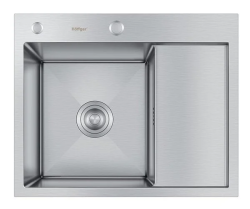 Мойка кухонная Hoffger 5848L врезная, Satin (сталь сатин) 580х480х225 мм нержавеющая сталь, крыло справа, прямоугольная, с отверстием под смеситель, слив-перелив