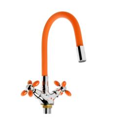Смеситель для кухни/мойки Accoona, двухвентильный, поворотный/гибкий, керамический, длина излива 150 мм, цинк, цвет оранжевый/хром
