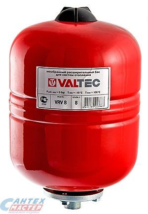 Бак расширительный 8 л (красный) VALTEC без ножек, на стену, вертикальный, мембранный, накопительный, настенный, для воды, антифриза, системы водяного отопления закрытого типа