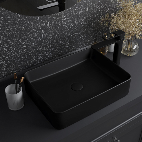 Раковина IDDIS Slide 36х47х11 см, накладная, прямоугольная, керамическая/фарфоровая, цвет черный матовый, без отверстия под смеситель, без слив-перелива