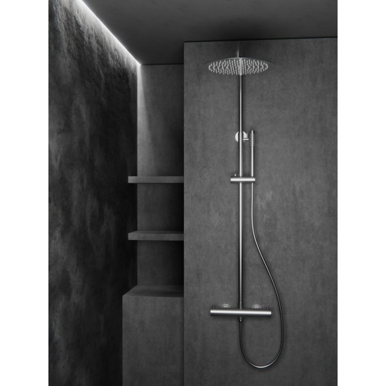 Душевая система Knotlor Eclipse с термостатом, высота 1200 мм, цвет матовая сталь, комплект: смеситель/тропический душ (с верхней лейкой)/лейка/стойка/шланг, нержавеющая сталь