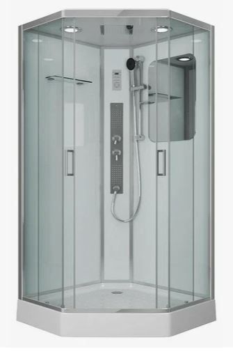 Душевая кабина 100х100х210 см Niagara Premium поддон низкий, пятиугольная, угловая, стекло прозрачное, заднее белое, без гидромассажа, с верхним душем, сенсорная