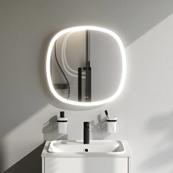 Зеркало AM.PM Func, 60х60 см, с LED/ЛЕД-подсветкой, закругленное, выключатель сенсорный, для ванны, навесное/подвесное/настенное