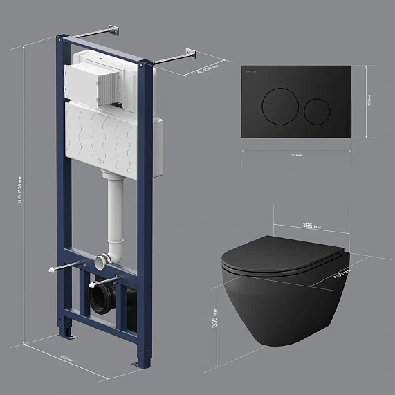 Комплект унитаза с инсталляцией AM.PM Spirit V2.0, черный, c сиденьем микролифт, с пневматической клавишей цвет черный (кнопкой, клавишей двойного смыва), система для подвесного унитаза, со скрытым смывным бачком (бак), с подвесным унитазом