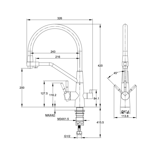 Смеситель для кухни/мойки Cersanit Vivo однорычажный, поворотный/выдвижной/гибкий излив, керамический, высота 200 мм, длина 243 мм, нержавеющая сталь/силикон, цвет хром/черный