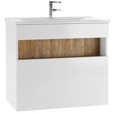 Тумба под раковину Домино Fortuna В1 80, 776х436х680 мм, цвет- белый/дуб вотан, подвесная, 1 выдвижной ящик/открытая полка, ЛДСП/МДФ, шкафчик подвесной, под умывальник, прямоугольная