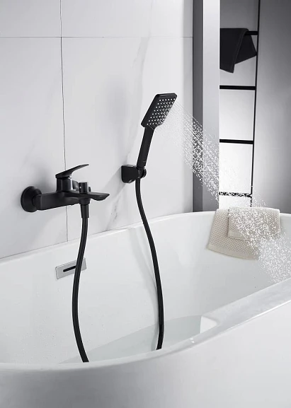 Смеситель для ванны/душа Knotlor Vigor, однорычажный, настенный, керамический, неповоротный, длина излива 184 мм, латунь, цвет матовый черный