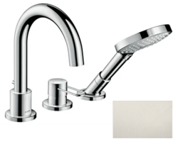 Смеситель для ванны Axor Uno на борт ванны однорычажный, с рукояткой-петлей, неповоротный, латунный, длина излива 17,5 см, керамический, цвет под сталь, с душевым шлангом/лейкой, на 3 отверстия