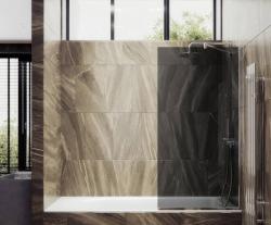 Душевая шторка на ванну MaybahGlass, 140х30 см, графитовое стекло/профиль узкий, цвет хром, фиксированная, закаленное стекло 8 мм, плоская/панель, правая/левая, правосторонняя/левосторонняя, универсальная