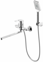 Смеситель для ванны/душа Rossinka, однорычажный, настенный, керамический, поворотный, с длинным изливом 350 мм, латунь, цвет хром, для ванной