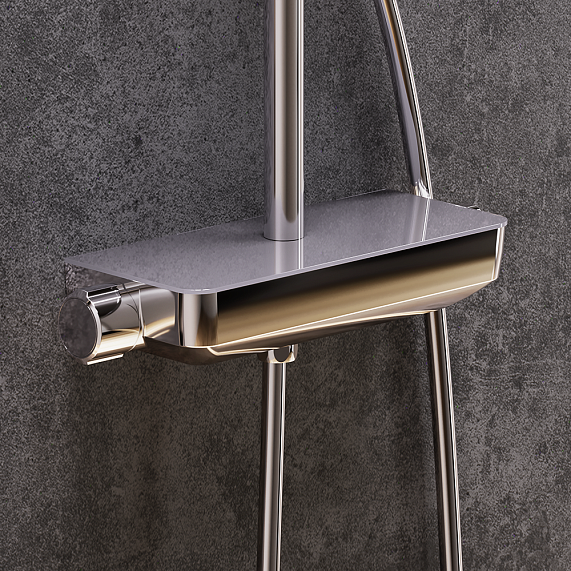 Душевая система Damixa Scandinavian Pure, высота 1050-1450 мм, цвет хром, комплект: термостатический смеситель-полка/тропический душ (с верхней лейкой)/стойка/лейка/шланг, латунь/пластик