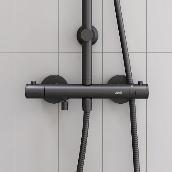 Душевая система Dorff Futura, высота 810-1130 мм, цвет черный, комплект: термостатический смеситель/излив/тропический душ (с верхней лейкой)/стойка/лейка/шланг, латунь/пластик/нержавеющая сталь