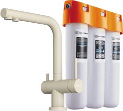 Комплект: смеситель для кухни Omoikiri Nagano-BE-P + фильтр Pure drop Lite для очистки воды трехступенчатый, смеситель однорычажный, поворотный, керамический, длина излива 206 мм, латунь, цвет ваниль