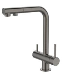 Смеситель для кухни/мойки IDDIS Umbra с каналом для фильтрованной воды, однорычажный, поворотный/выдвижной, керамический, излив 198 мм, высота излива 290 мм латунь, цвет графит матовый