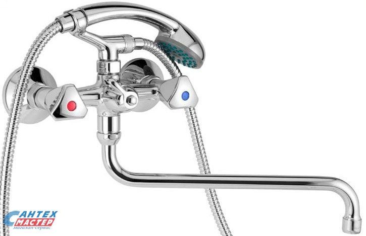Смеситель для ванны/душа Mofem Metal 604 KR двухвентильный, резиновый, настенный, излив поворотный 300 мм, с гибким шлангом, душем/лейкой, латунь хром, длинный, универсальный, горизонтальный, вентильный, кран, комплект, сантехника, размер