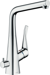 Смеситель для кухни/мойки Hansgrohe Metris M71 320, с запорным вентилем, однорычажный, поворотный, керамический, с высоким L-образным изливом, высота излива 31,5 см, латунь, покрытие хром, цвет хром