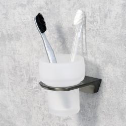 Стакан WasserKRAFT Wiese с держателем, настенный, материал: металл/стекло, форма округлая, для зубных щеток в ванную/туалет/душевую кабину, цвет оружейная сталь