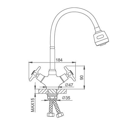 Смеситель для кухни/мойки Splenka S80.43 двухвентельный, поворотный/гибкий, высокий излив, режим душ, латунь, цвет хром