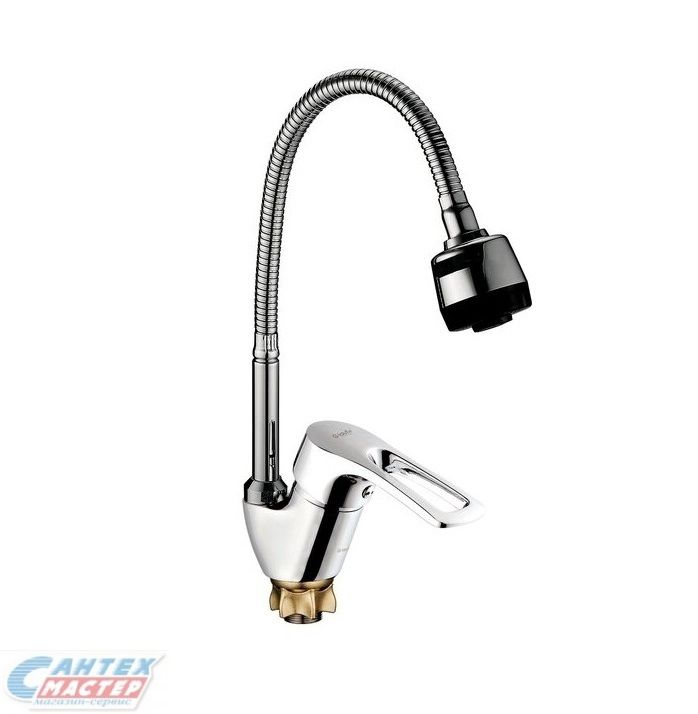 Смеситель для кухни/мойки G-lauf 8G4-E181 однорычажный, поворотный, керамический, с высоким гибким гофрированным изливом, длина 400 мм, латунь, цвет хром, кухонный, хромированный, вертикальный, однорукий