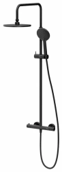 Душевая система Damixa Option, высота 1030-1460 мм, цвет черный матовый, комплект: термостатический смеситель/тропический душ круглый (с верхней лейкой)/стойка/лейка/шланг