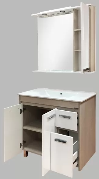 Тумба с раковиной Comforty Тулуза 90, 90х85,5х46,5 см, напольная, 2 распашные дверцы/2 выдвижных ящика, ЛДСП/МДФ, прямоугольная, цвет- сосна лоредо/раковина Quadro 90, прямоугольная, цвет белый, встраиваемая
