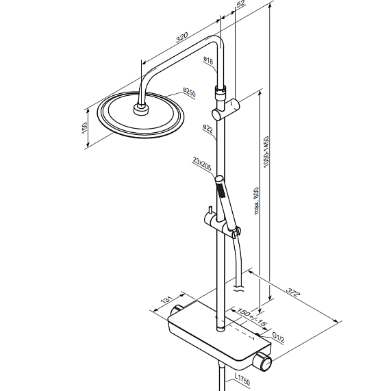 Душевая система Damixa Scandinavian Pure, высота 1050-1450 мм, цвет черный матовый, комплект: термостатический смеситель-полка/тропический душ (с верхней лейкой)/стойка/лейка/шланг, латунь/пластик