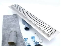 Трап TIM 70х800 мм D50, с фланцем свободного вращения, для душа в полу, под плитку, с сухим затвором+гидрозатвор, горизонтальный выпуск, нержавеющая сталь, прямоугольный