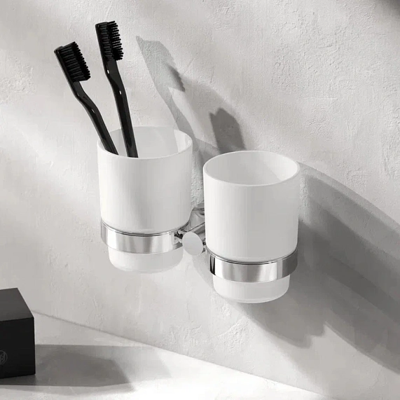 Стакан двойной AM.PM Sense L, с держателем, настенный, сплав металлов/стекло, форма округлая, для зубных щеток в ванную/туалет/душевую кабину, цвет хром