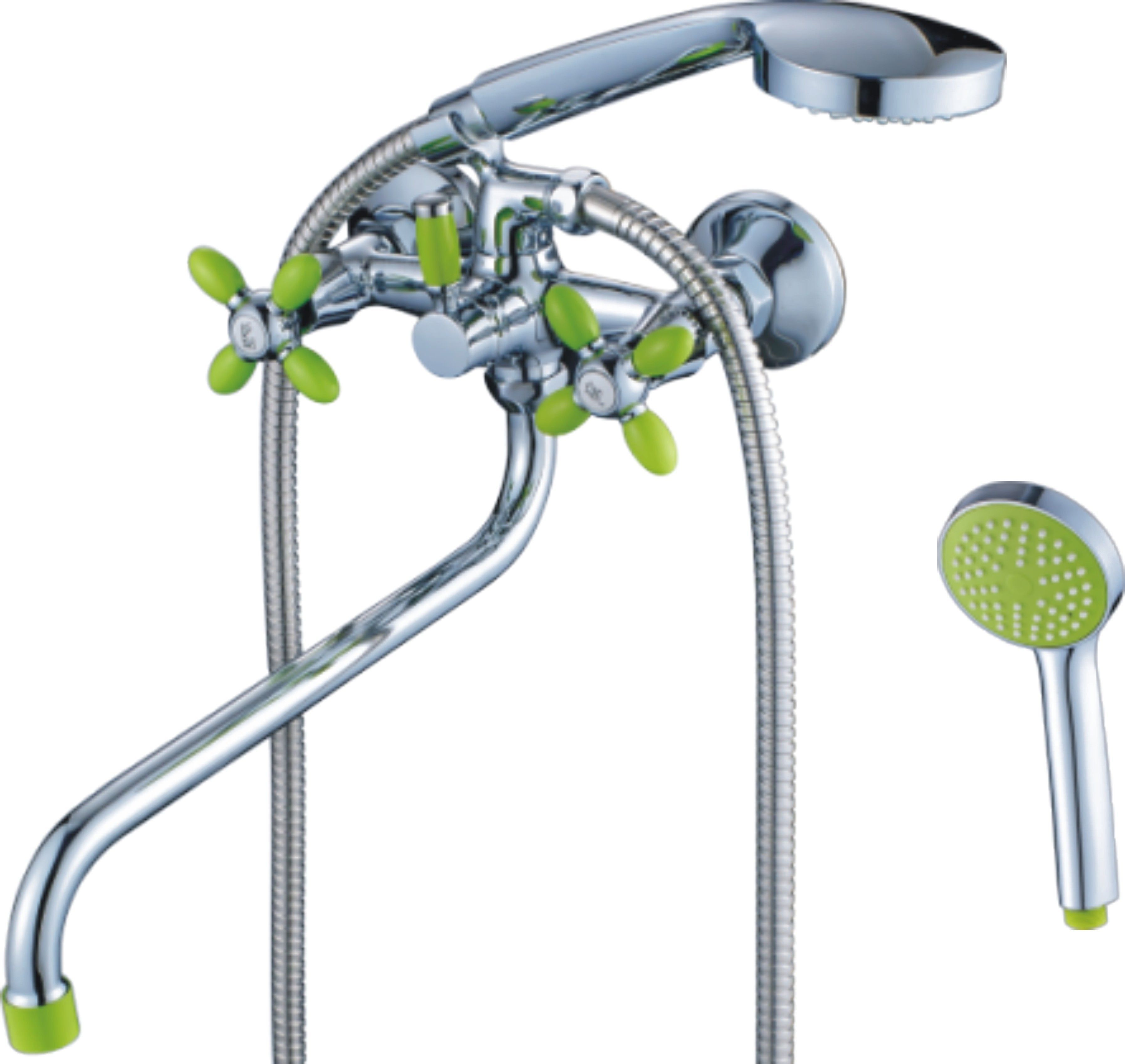 Смеситель для ванны/душа HAIBA CRON двухвентильный, хромированный, настенный, излив длинный 354 мм, поворотный, силумин, цвет хром/зеленый
