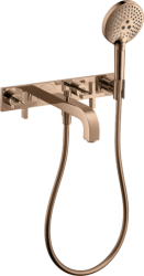 Смеситель для ванны Axor Citterio двухвентильный, с крестообразными рукоятками, настенный, неповоротный, латунный, длина излива 22,2 см, керамический, цвет полированное красное золото, с душевым шлангом/лейкой/держателем, с панелью, на 3 отверстия