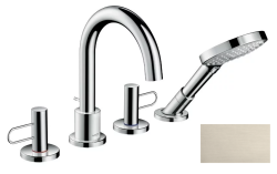 Смеситель для ванны Axor Uno на борт ванны двухвентильный, с рукояткой-петлей, поворотный, латунный, длина излива 17,5 см, керамический, цвет шлифованный никель, с душевым шлангом/лейкой, на 4 отверстия